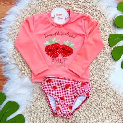 Linha Praia 3 Peças - Blusa Manga Longa Fruit, Short e Calcinha com Proteção UV50+ - Vermelho
